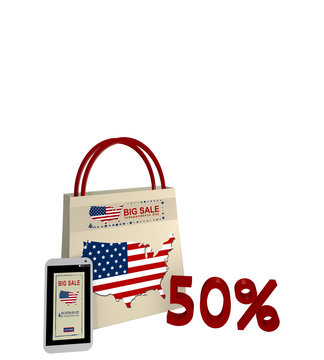 Einkaufstasche und Handy mit Sale Werbung für den Unabhängigkeitstag und der Text 50%, 3d render