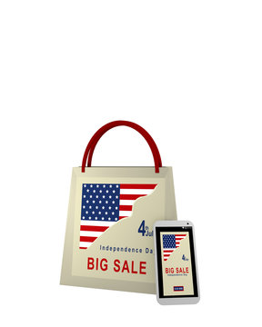 Einkaufstasche und Handy mit Sale Werbung für den Unabhängigkeitstag, 3d render