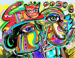 ursprüngliche digitale Kunstzusammensetzung des menschlichen Gesichts, des Vogels und der roten Katze © Kara-Kotsya