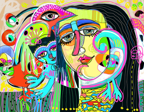 original digital art composition of women face, bird and red cat