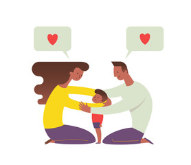 African-American mom and dad embracing their child and talking to him. Concept of loving family and happy parenting. Flat cartoon characters isolated on white background. Vector illustration.