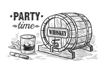 Sketch Whiskey Bottle and Glass and wooden barrel. Hand Drawn Drink Vector Illustration