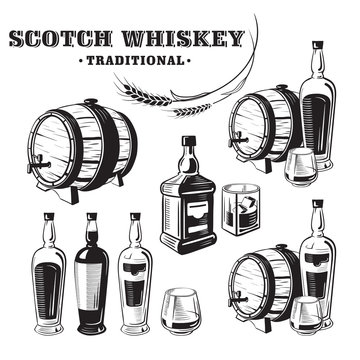 Sketch Whiskey Bottle and Glass and Barrel. Hand Drawn Drink Vector Illustration