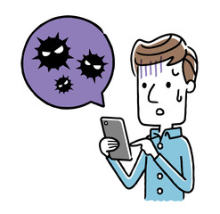 男性：スマートフォン、ウイルス、感染
