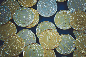 Golden bitcoins with selective focus .New virtual money.
