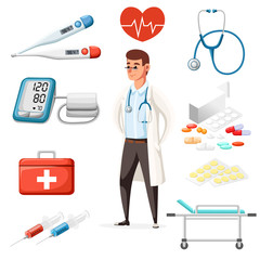 Male doctor with stethoscope. Medical icons on background. Cartoon style character design. Vector illustration isolated on white background website page and mobile app design