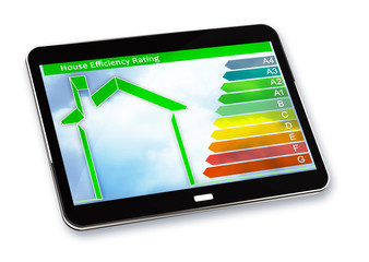 Buildings energy efficiency concept image. 3D render of a digital tablet with home and energy classes according to the new European law