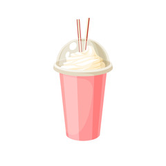 Plastic cup with lid and straw, full of milkshake. Vector illustration cartoon flat icon isolated on white.