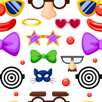 Seamless pattern of fun masks. Party Birthday photo booth props. Mustache, spectacles, bow tie and mouths in cartoon style. Vector illustration on white background