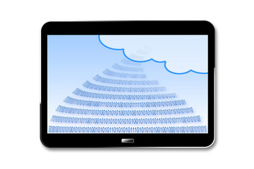 Secure storage on service cloud - 3D render concept image with binary code and cloud on a digital tablet on white background with copy space
