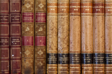 Close up of old books with weathered leather backs