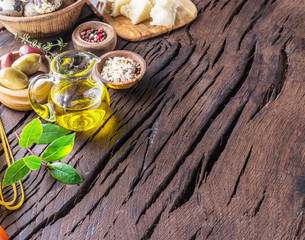 Variety of food on the wooden table. Top view.