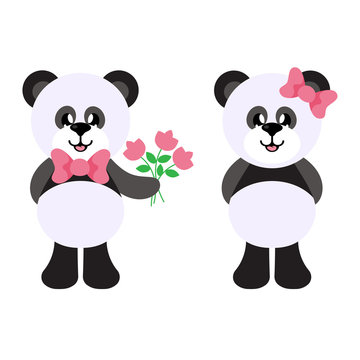 cartoon panda with tie and flowers and panda girl