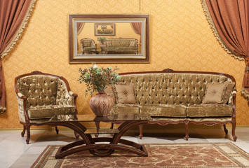 empty interior living room background in warm colors decorated with classic luxury furniture
