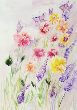 Field of roses and lupines with butterflies. The dabbing technique near the edges gives a soft focus effect due to the altered surface roughness of the paper.