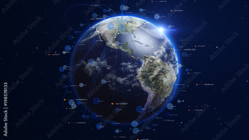 Wall mural shiny blue earth covered with lines and numbers around. technology and global network concept.