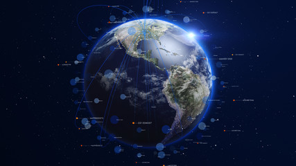 Shiny blue earth covered with lines and numbers around. Technology and global network concept.