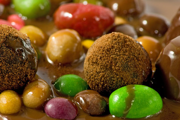 colorful candies in chocolate close-up