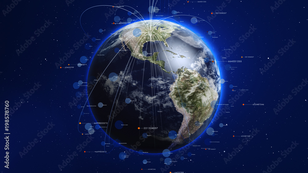 Wall mural shiny blue earth with 3d lines and colorful circles around. technology and global network concept.