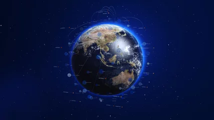 Photo sur Plexiglas Pleine Lune arbre Terre bleue brillante avec des lignes 3d et des cercles colorés autour. Technologie et concept de réseau mondial.