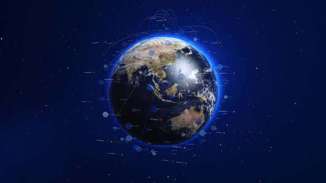 Shiny blue earth with 3d lines and colorful circles around. Technology and global network concept.