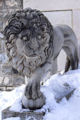 Fototapeta na wymiar Sculpture of a lion of the 19th century in the gardens of Sinaia, Romania in the winter.