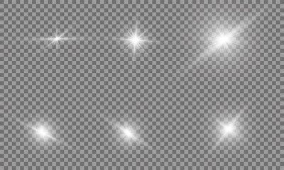 Glow light effect. Vector illustration. Christmas flash Concept. Vector illustration of abstract flare light rays. A set of stars, light and radiance, rays and brightness. Set of Vector glowing light.