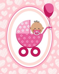Newborn baby, girl, greeting card, Africa, pink hearts, vector. A little girl in a pink stroller. A pink balloon is tied to the stroller. Color, flat card. Congratulation. Pink hearts on pink field. 
