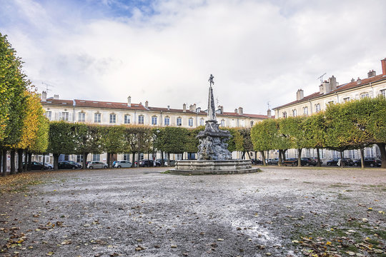 In centre of Place d'Alliance raises a remarkable fountain (1753), inspired by fountain in Piazza Navona in Rome. Nancy, Meurthe-et-Moselle department, Lorraine, France.