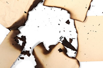 Burned old paper, cardboard isolated on white background, top view