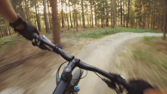 Mountain bike riding on enduro mountain track trail in autumn forest