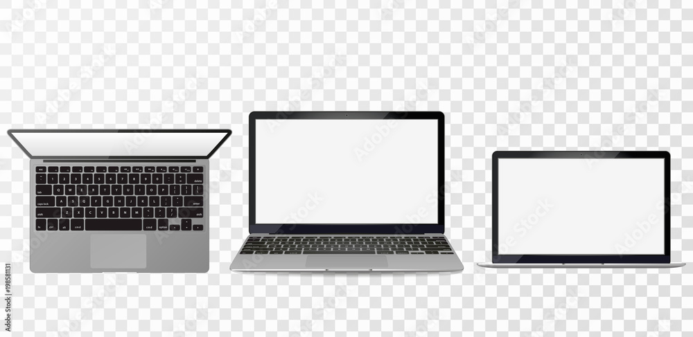 Poster realistic laptop incline 90 degree isolated on white background. computer notebook with empty screen