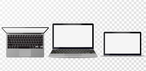 Realistic laptop incline 90 degree isolated on white background. computer notebook with empty screen. blank copy space on modern mobile computer. - obrazy, fototapety, plakaty