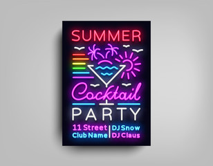 Cocktail Party poster neon. Flyer template design in neon style. Summer Cocktail Party Dance Invitations, Light Banner, Bright Brochure Nightlife, Nightly Neon Advertising. Vector illustration