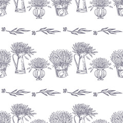 Vector Seamless pattern. Lavender theme of Provence. Pattern with graphic lavender flowers in pot. Digital drawn illustration in lilac color. Vintage pattern of lavender flowers isolated on white.