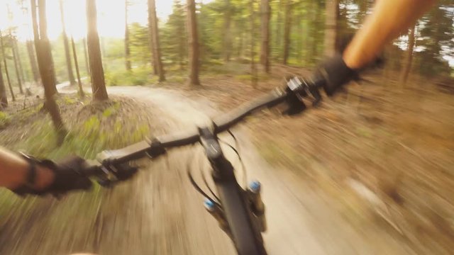 Man riding on enduro mountain bike in autumn forest. Downhill ride in woods. View from first person perspective POV. Gimbal stabilized video. Shot with GOPRO HERO4 4K.