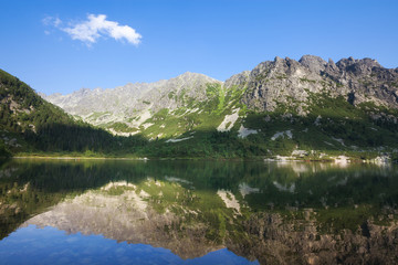 Fototapeta na wymiar Idyllic summer landscape with clear mountain lake in the Alps