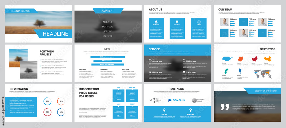 Poster White vector business slides with blue elements for presentation