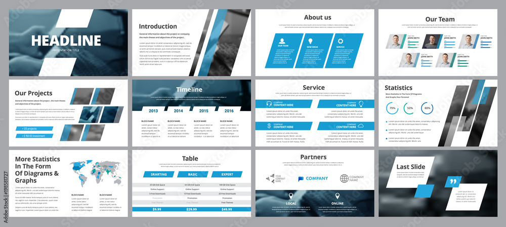 Poster templates of vector white-blue slides for presentation and reports