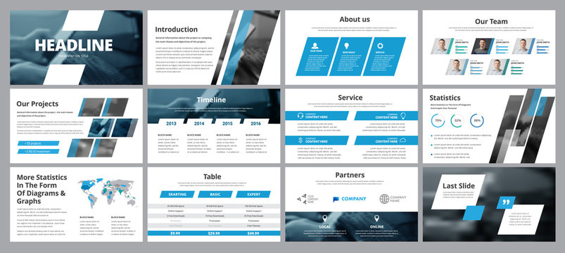Templates of vector white-blue slides for presentation and reports