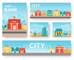 Building city information cards set. Architecture template of flyear, magazines, poster, book cover, banners. Construction infographic background. Layout illustrations modern pages with typography