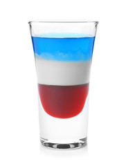 Layered cocktail in colors of American flag on white background