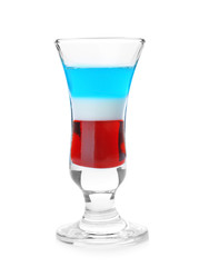 Layered cocktail in colors of American flag on white background