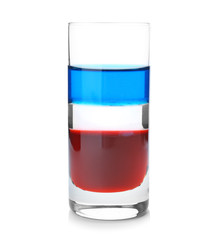 Layered cocktail in colors of American flag on white background