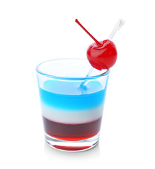 Layered cocktail in colors of American flag on white background