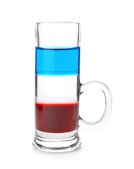 Layered cocktail in colors of American flag on white background