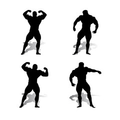 Collection of silhouettes of male sports bodybuilders, bodybuilding on white background,