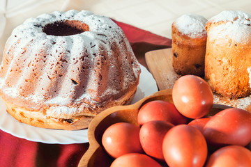 Easter cake with icing sugar and eggs