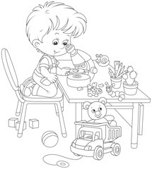 Little boy as a researcher and biologist looking at a small green leaf through a school microscope, a black and white vector illustration in a cartoon style for a coloring book
