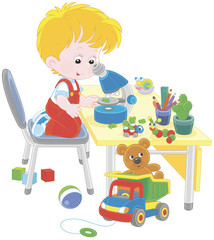 Little boy as a researcher and biologist looking at a small green leaf through a school microscope, a vector illustration in a cartoon style